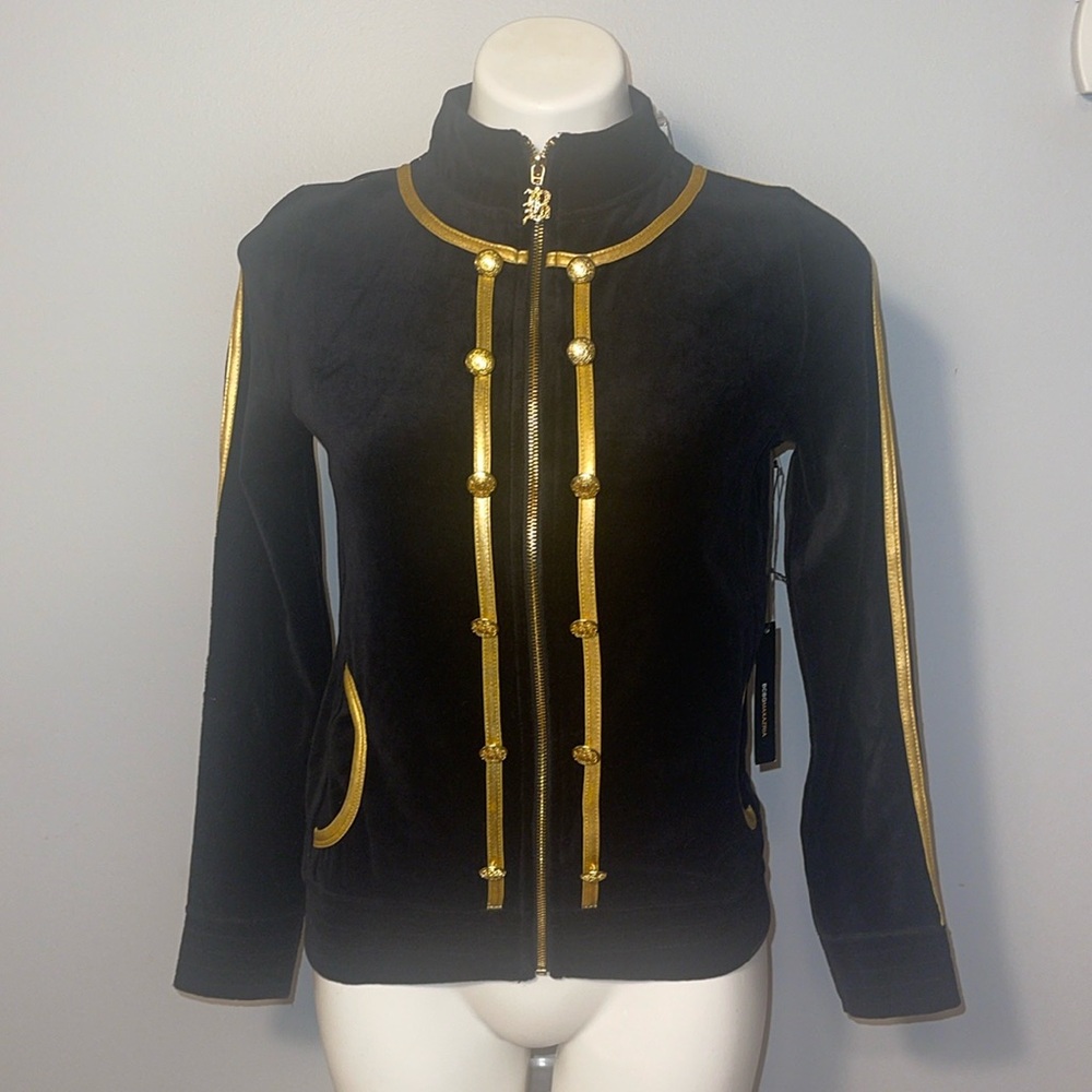 BCBGMaxazria ladies NWT Forest Floor track jacket Black with gold. BCRV13748J